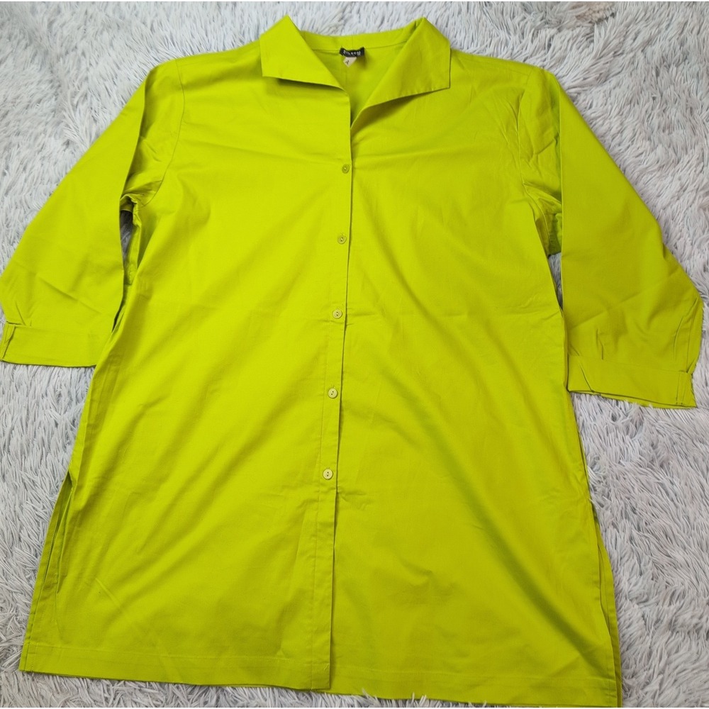 Eileen Fisher Shirt Womens L Green Button Up Top Comfort Preppy Side Slits